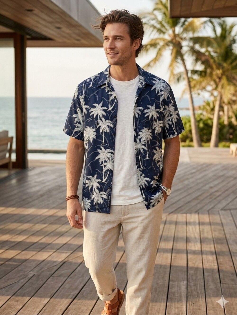 Pierre Cardin Men's L Short-Sleeve Palm Print In Cream And Blue